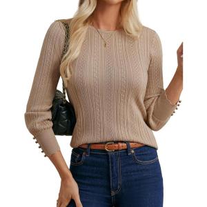 GRACE KARIN Women Long Sleeve Sweater Cable Knit Crewneck Sweater Lightweight Knit Pullover Tops with Decorative Buttons(Khaki)