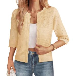 GRACE KARIN Womens 3/4 Sleeve Cardigan Sweater, Lightweight Cropped Cardigan Trendy, Dressy Casual Crochet Bolero Shrugs(Apricot)