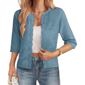 GRACE KARIN Womens 3/4 Sleeve Cardigan Sweater, Lightweight Cropped Cardigan Trendy, Dressy Casual Crochet Bolero Shrugs(Light Blue)