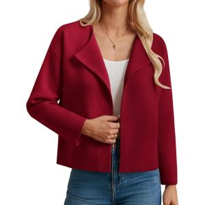 GRACE KARIN Womens Cropped Knit Sweater Blazer, Oversized Open Front Jackets 2026 Spring, Laple Cardigans Dressy Casual(Wine Red)