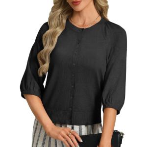 GRACE KARIN Womens Puff Short Sleeve Cardigans, Lightweight Cropped Cardigan, Button Up Knit Shirts Sweater Tops(Black)