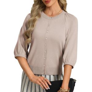 GRACE KARIN Womens Puff Short Sleeve Cardigans, Lightweight Cropped Cardigan, Button Up Knit Shirts Sweater Tops(Khaki)
