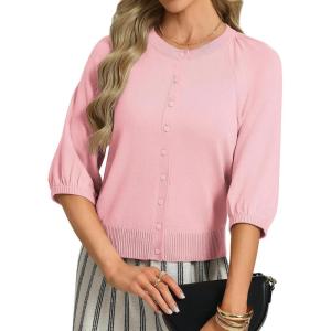 GRACE KARIN Womens Puff Short Sleeve Cardigans, Lightweight Cropped Cardigan, Button Up Knit Shirts Sweater Tops(Pink)