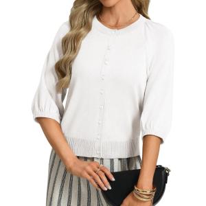 GRACE KARIN Womens Puff Short Sleeve Cardigans, Lightweight Cropped Cardigan, Button Up Knit Shirts Sweater Tops(White)