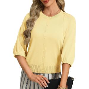 GRACE KARIN Womens Puff Short Sleeve Cardigans, Lightweight Cropped Cardigan, Button Up Knit Shirts Sweater Tops(Yellow)