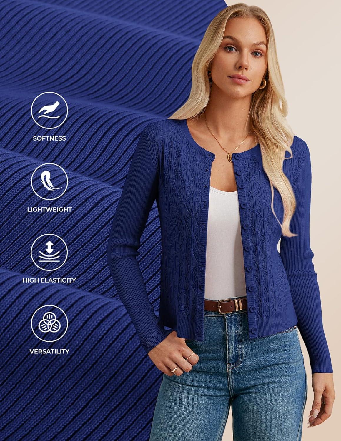 imageGRACE KARIN Knit Cardigan Sweaters Long Sleeve Lightweight Sweater Button Open Front Cropped CardigansRoyal Blue