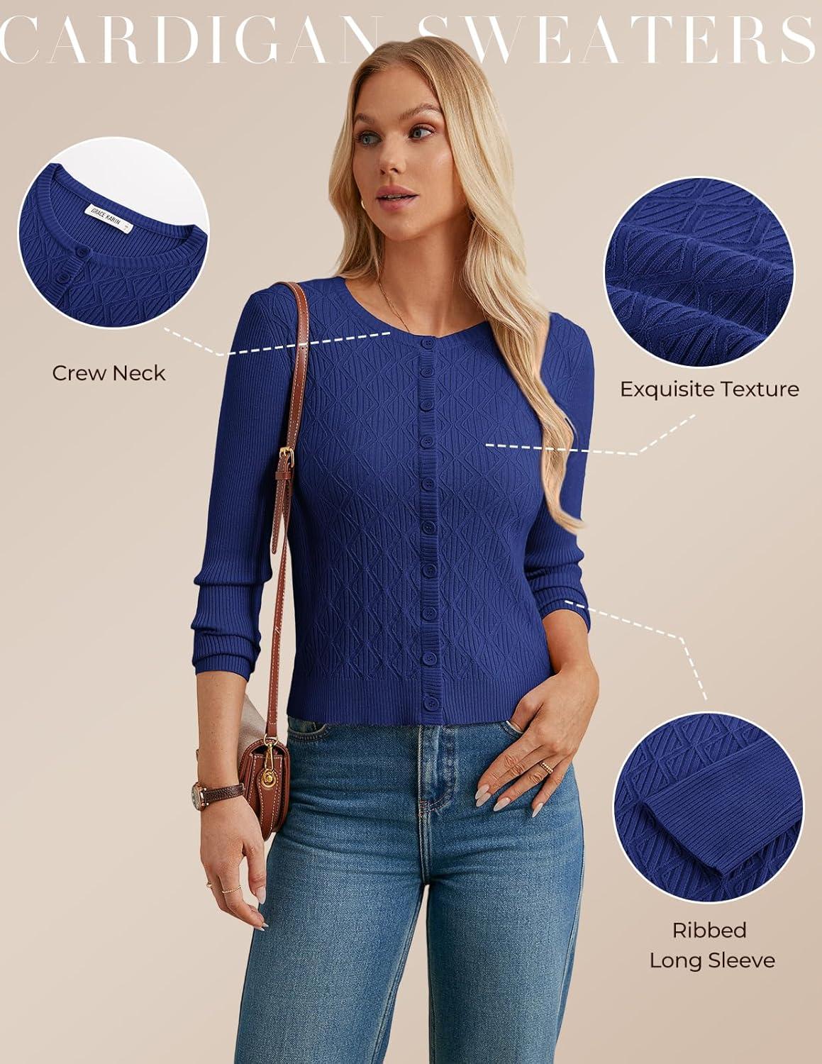 imageGRACE KARIN Knit Cardigan Sweaters Long Sleeve Lightweight Sweater Button Open Front Cropped CardigansRoyal Blue