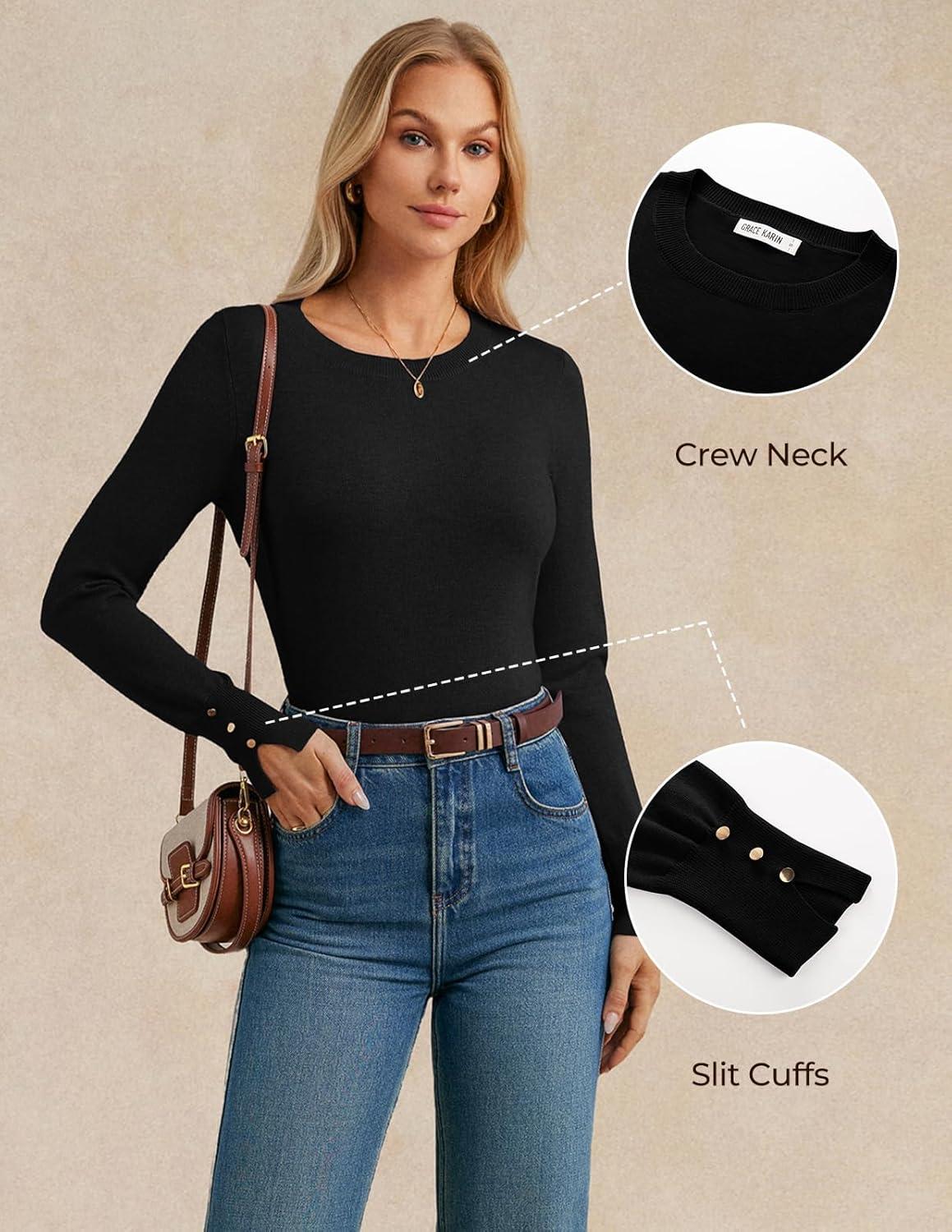 imageGRACE KARIN Long Sleeve Sweaters Merino Wool Blend Lightweight Crewneck Sweater 2025 Fall Fashion Pullover Knit TopsBlack