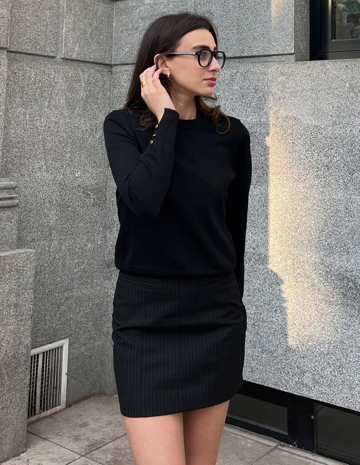 imageGRACE KARIN Long Sleeve Sweaters Merino Wool Blend Lightweight Crewneck Sweater 2025 Fall Fashion Pullover Knit TopsBlack