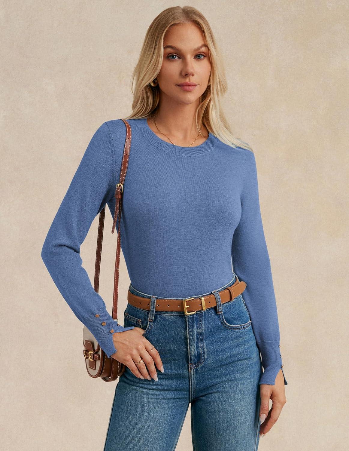 imageGRACE KARIN Long Sleeve Sweaters Merino Wool Blend Lightweight Crewneck Sweater 2025 Fall Fashion Pullover Knit TopsBlue Green