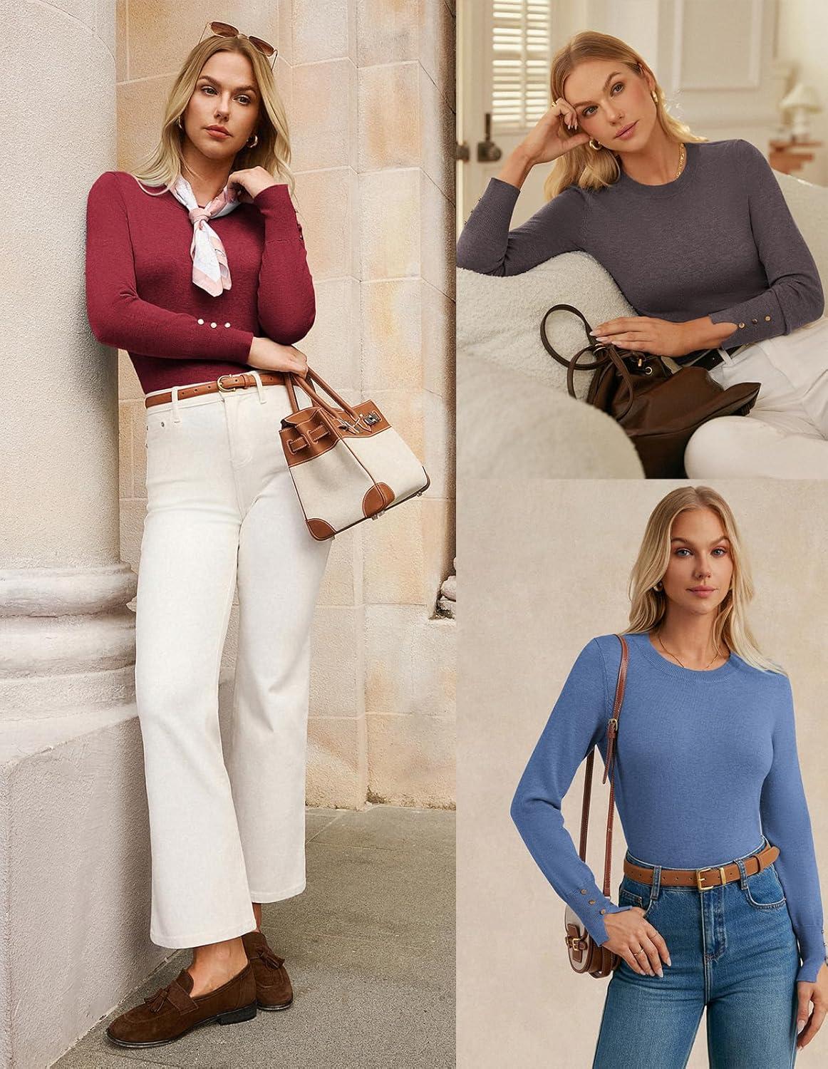 imageGRACE KARIN Long Sleeve Sweaters Merino Wool Blend Lightweight Crewneck Sweater 2025 Fall Fashion Pullover Knit TopsBlue Green