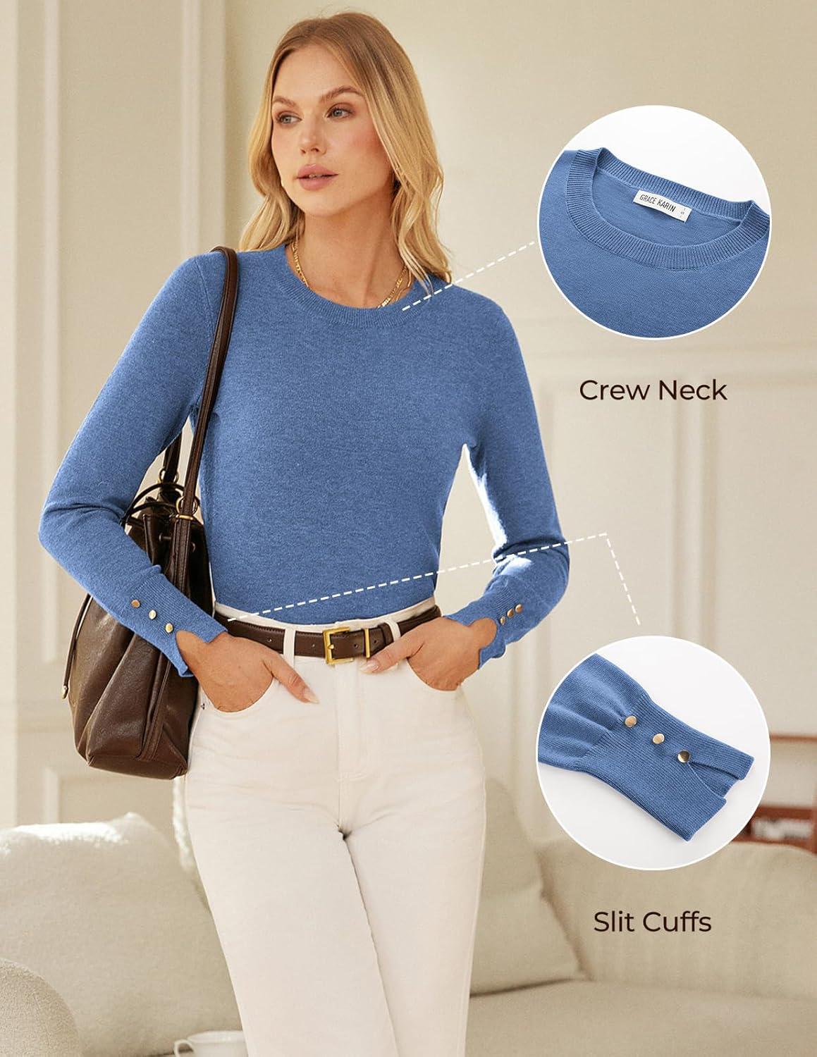 imageGRACE KARIN Long Sleeve Sweaters Merino Wool Blend Lightweight Crewneck Sweater 2025 Fall Fashion Pullover Knit TopsBlue Green