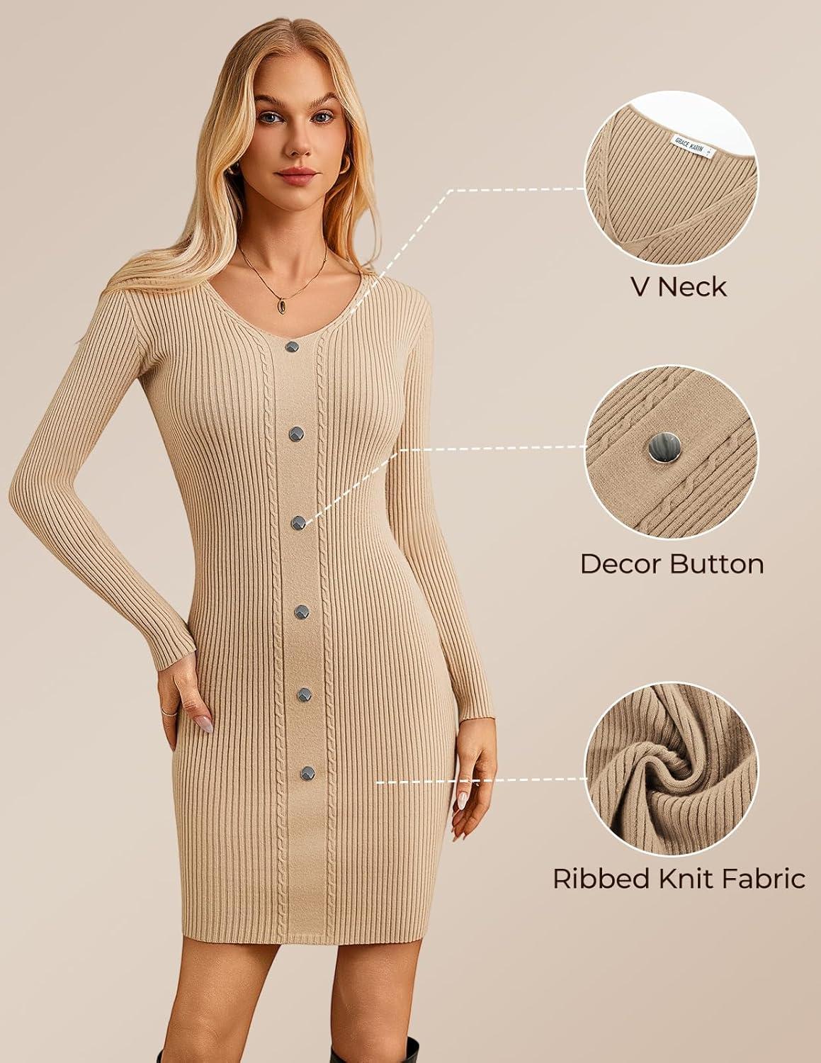imageGRACE KARIN Women Midi Sweater Dresses 2026 Spring Long Sleeve Knit Ribbed Bodycon Button Up Casual Outfits ClothesApricot