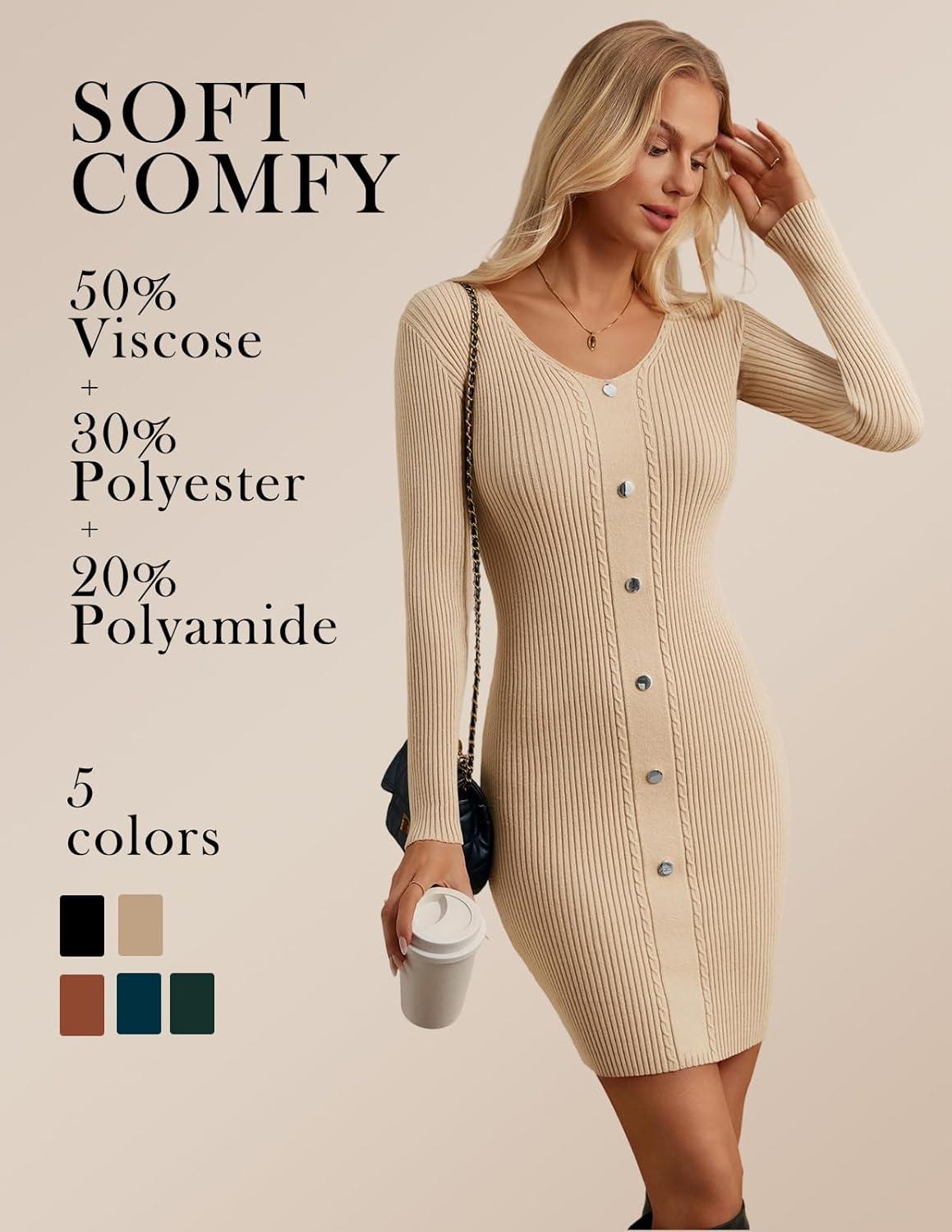 imageGRACE KARIN Women Midi Sweater Dresses 2026 Spring Long Sleeve Knit Ribbed Bodycon Button Up Casual Outfits ClothesApricot