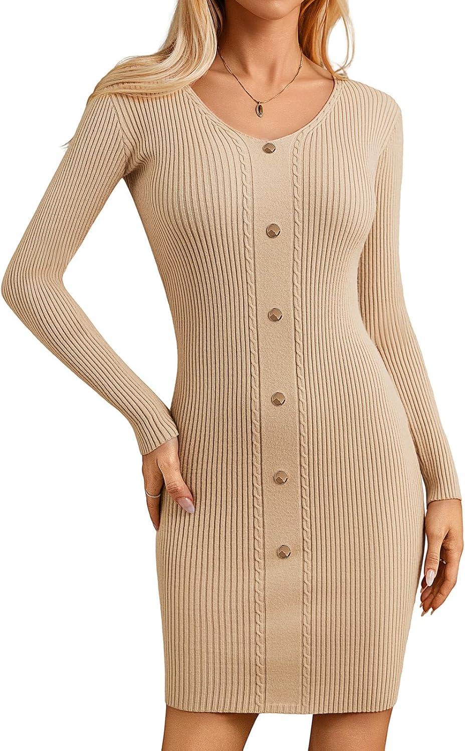 imageGRACE KARIN Women Midi Sweater Dresses 2026 Spring Long Sleeve Knit Ribbed Bodycon Button Up Casual Outfits ClothesApricot