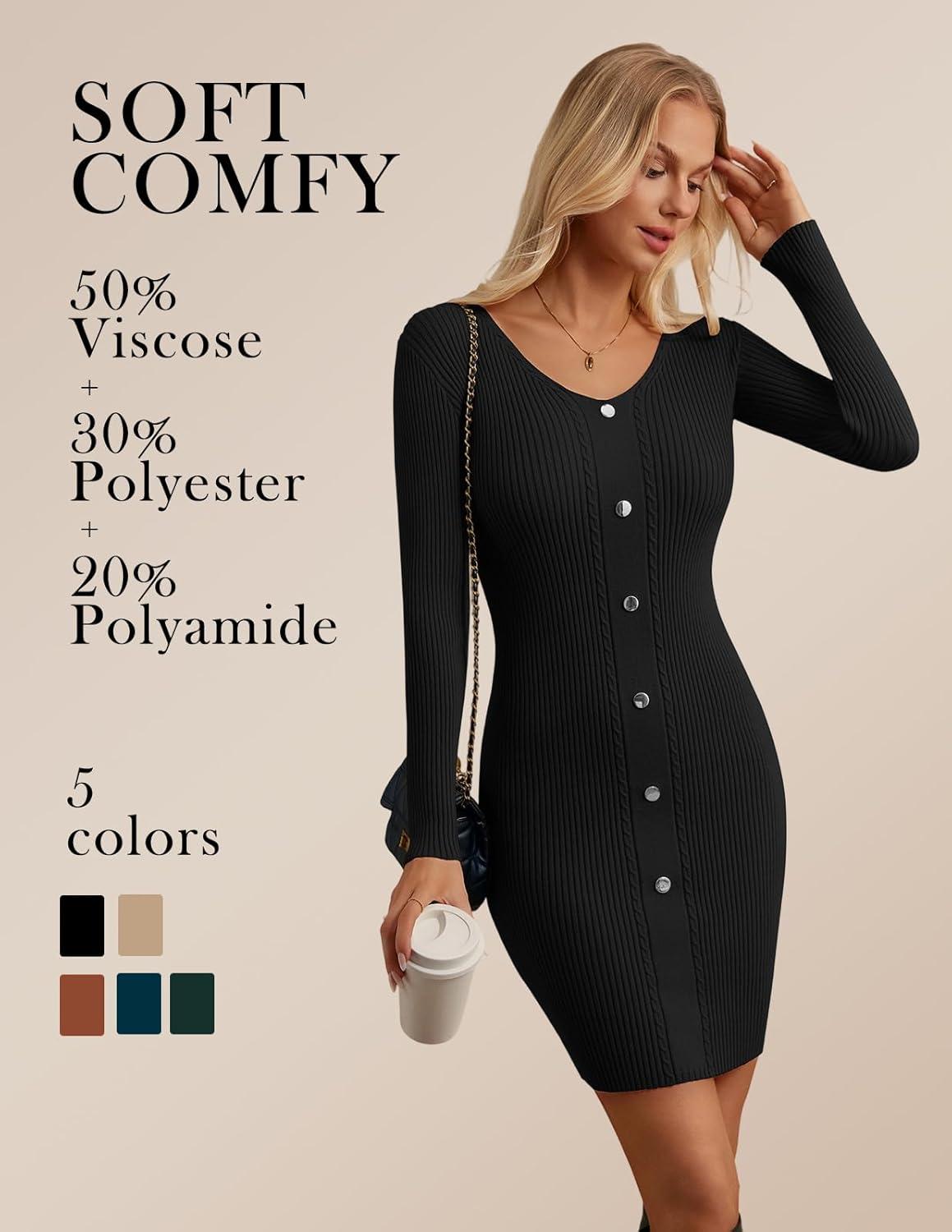 imageGRACE KARIN Women Midi Sweater Dresses 2026 Spring Long Sleeve Knit Ribbed Bodycon Button Up Casual Outfits ClothesBlack