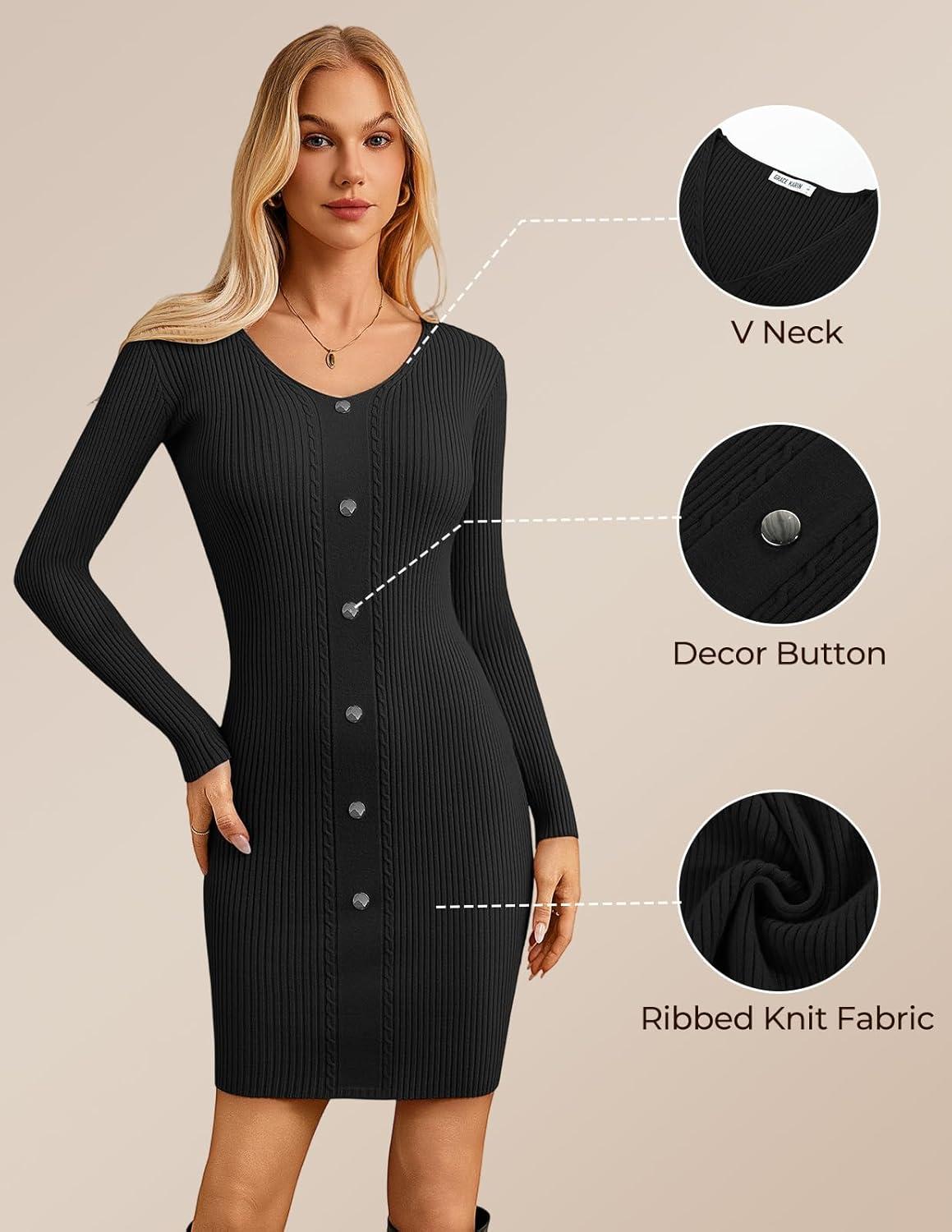 imageGRACE KARIN Women Midi Sweater Dresses 2026 Spring Long Sleeve Knit Ribbed Bodycon Button Up Casual Outfits ClothesBlack