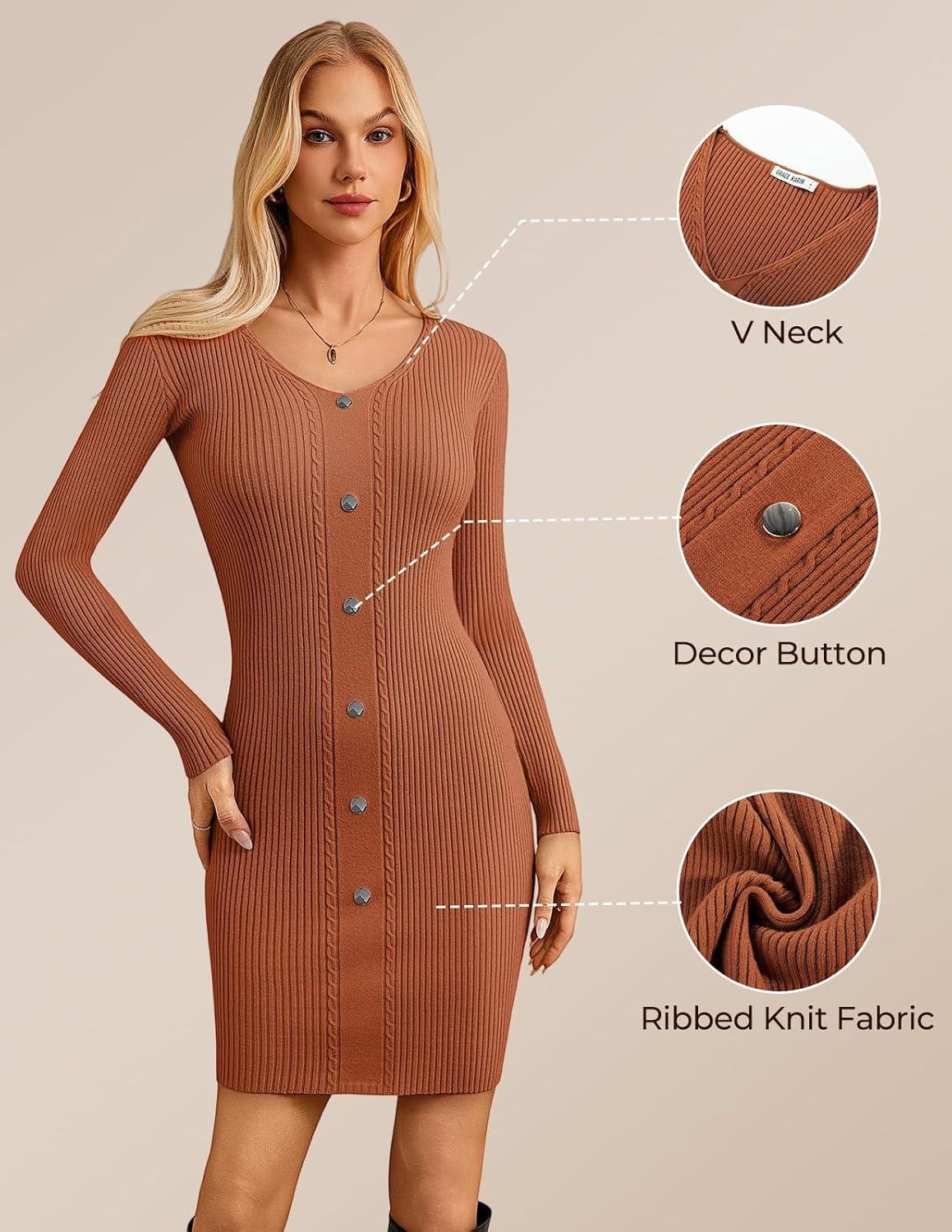 imageGRACE KARIN Women Midi Sweater Dresses 2026 Spring Long Sleeve Knit Ribbed Bodycon Button Up Casual Outfits ClothesBrown