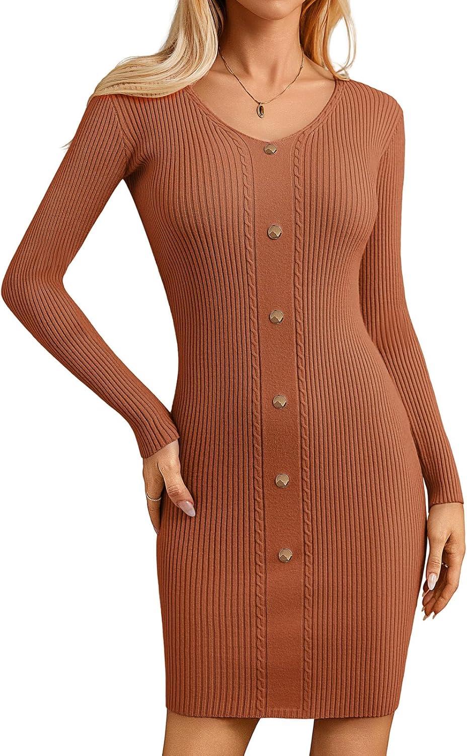 imageGRACE KARIN Women Midi Sweater Dresses 2026 Spring Long Sleeve Knit Ribbed Bodycon Button Up Casual Outfits ClothesBrown