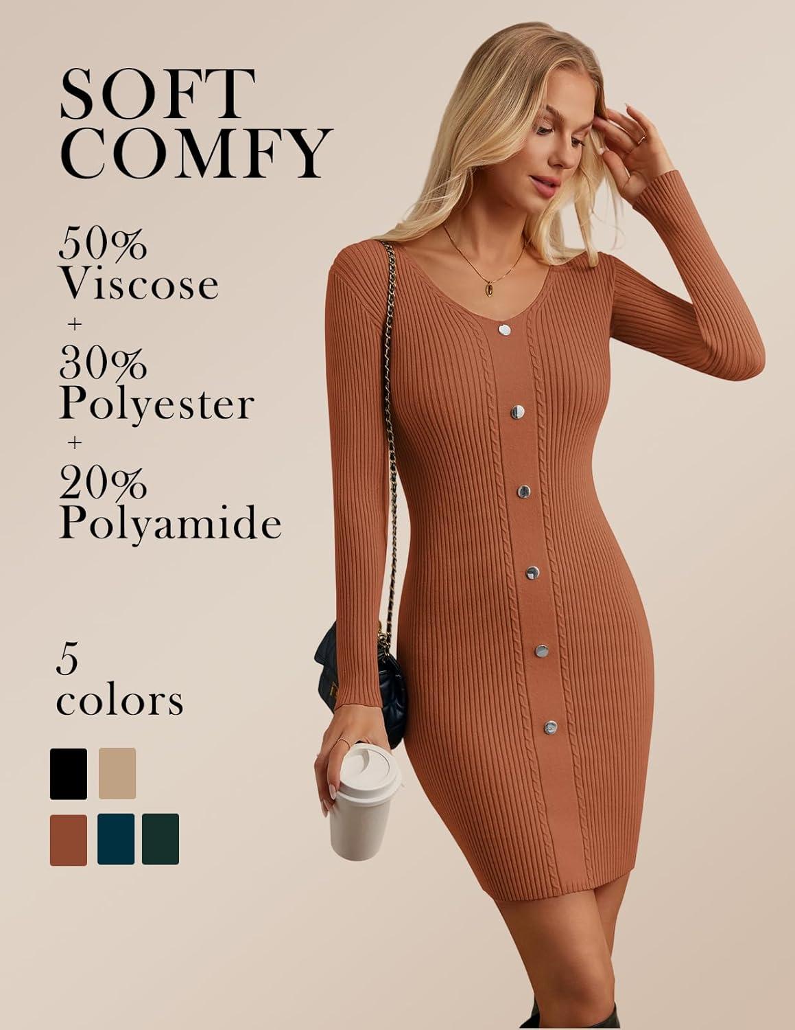 imageGRACE KARIN Women Midi Sweater Dresses 2026 Spring Long Sleeve Knit Ribbed Bodycon Button Up Casual Outfits ClothesBrown