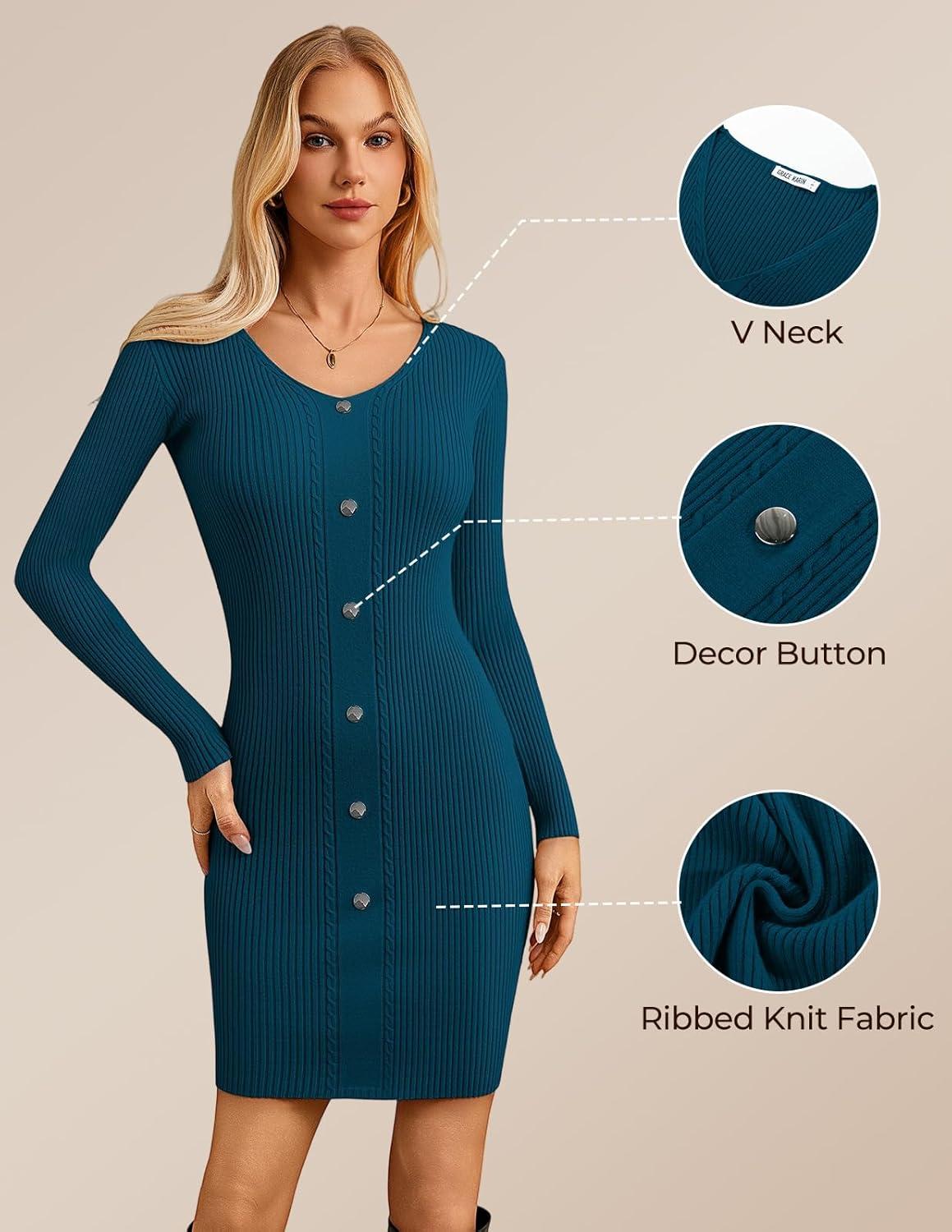 imageGRACE KARIN Women Midi Sweater Dresses 2026 Spring Long Sleeve Knit Ribbed Bodycon Button Up Casual Outfits ClothesDark Blue
