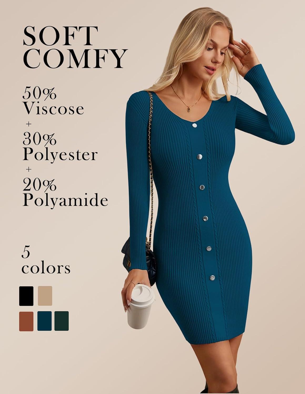 imageGRACE KARIN Women Midi Sweater Dresses 2026 Spring Long Sleeve Knit Ribbed Bodycon Button Up Casual Outfits ClothesDark Blue