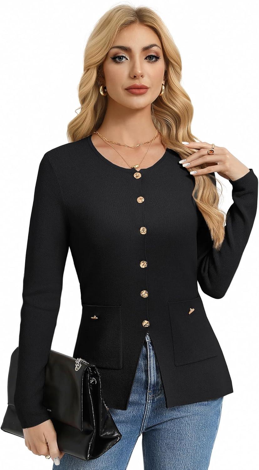 imageGRACE KARIN Women Sweater Blazers Business Casual Button Up Knit Cardigan Sweaters Long Sleeve Peplum Tops for Women TrendyBlack