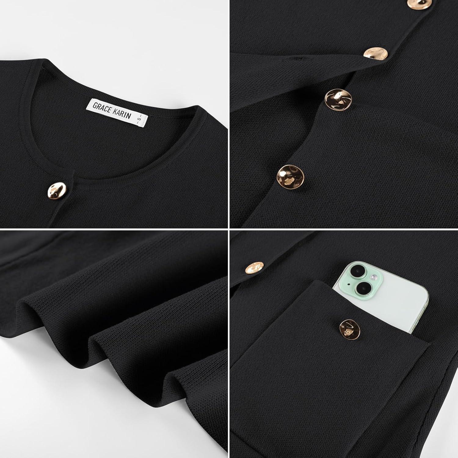 imageGRACE KARIN Women Sweater Blazers Business Casual Button Up Knit Cardigan Sweaters Long Sleeve Peplum Tops for Women TrendyBlack