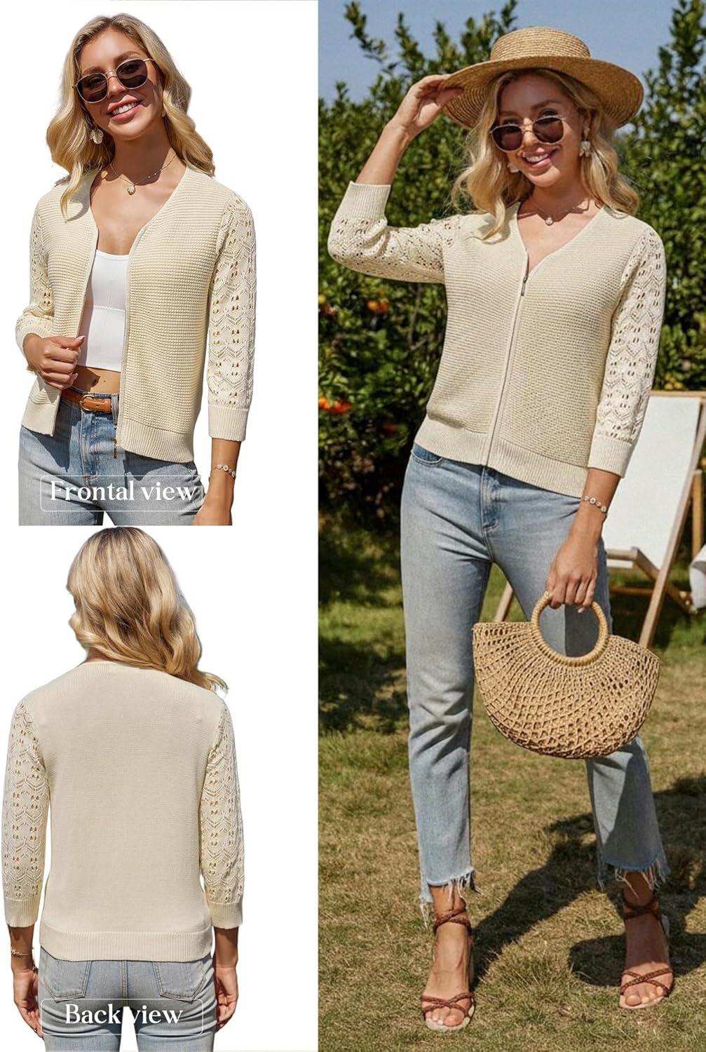 imageGRACE KARIN Womens Lightweight Summer Cardigan 34 Sleeve Cropped Cardigan Dressy Zip Up Sweaters Jacket ClothesBeige