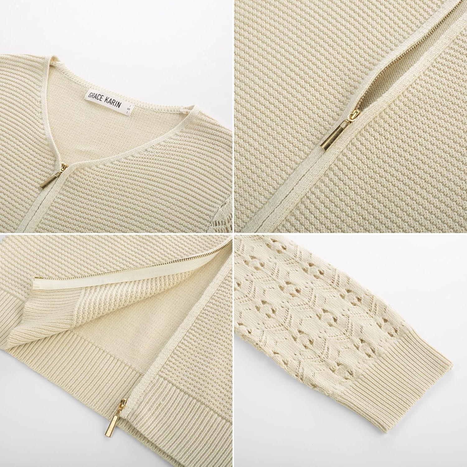 imageGRACE KARIN Womens Lightweight Summer Cardigan 34 Sleeve Cropped Cardigan Dressy Zip Up Sweaters Jacket ClothesBeige