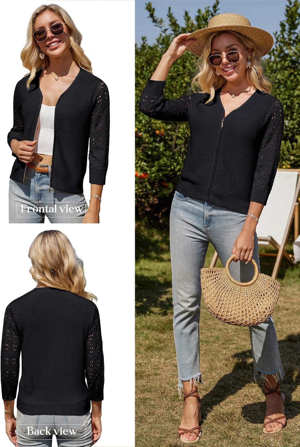 imageGRACE KARIN Womens Lightweight Summer Cardigan 34 Sleeve Cropped Cardigan Dressy Zip Up Sweaters Jacket ClothesBlack