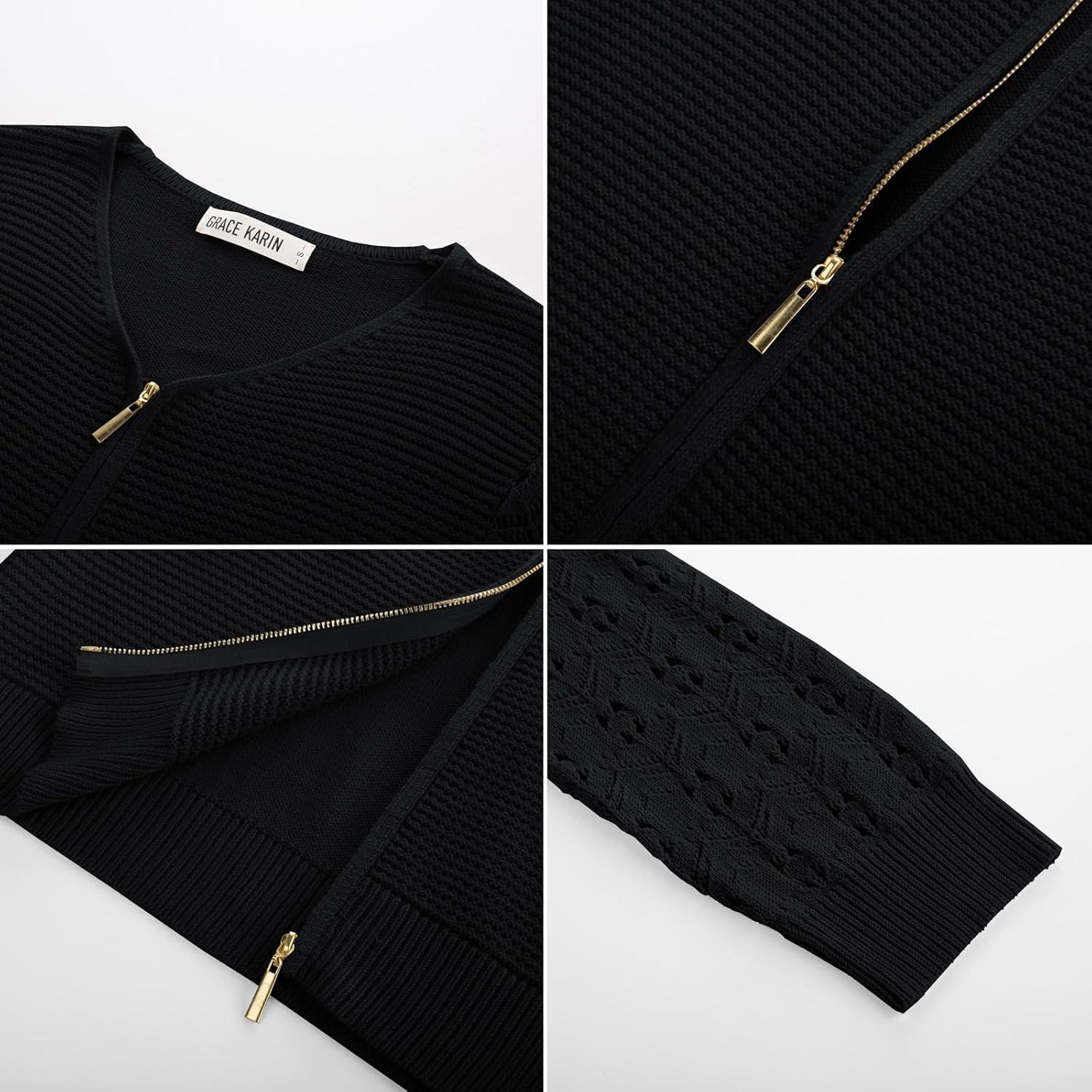 imageGRACE KARIN Womens Lightweight Summer Cardigan 34 Sleeve Cropped Cardigan Dressy Zip Up Sweaters Jacket ClothesBlack