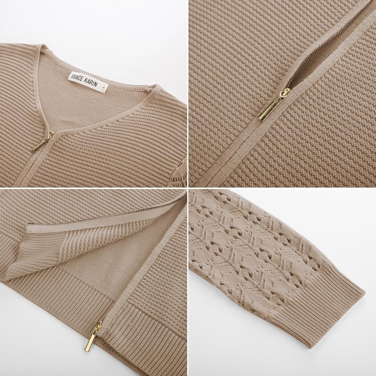 imageGRACE KARIN Womens Lightweight Summer Cardigan 34 Sleeve Cropped Cardigan Dressy Zip Up Sweaters Jacket ClothesKhaki