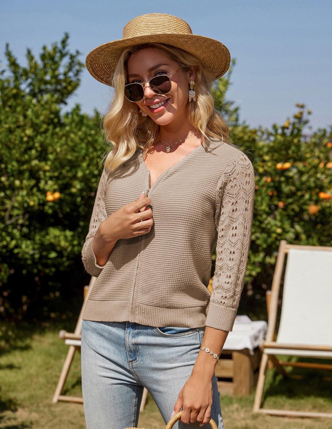 imageGRACE KARIN Womens Lightweight Summer Cardigan 34 Sleeve Cropped Cardigan Dressy Zip Up Sweaters Jacket ClothesKhaki