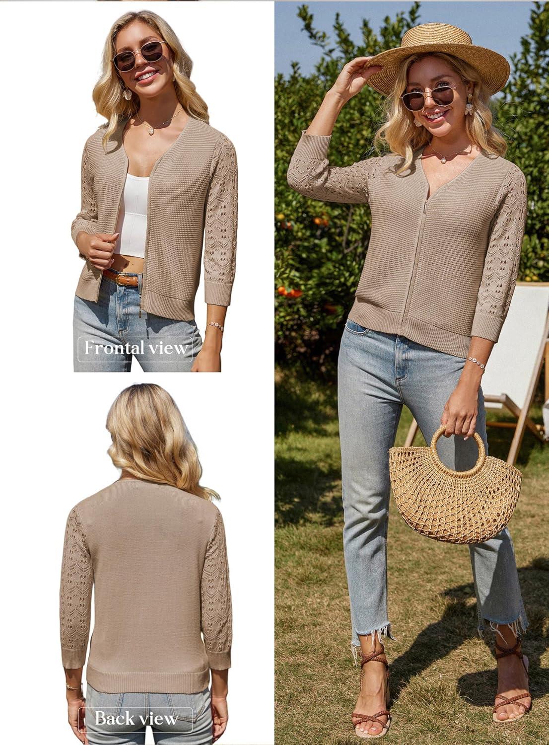 imageGRACE KARIN Womens Lightweight Summer Cardigan 34 Sleeve Cropped Cardigan Dressy Zip Up Sweaters Jacket ClothesKhaki