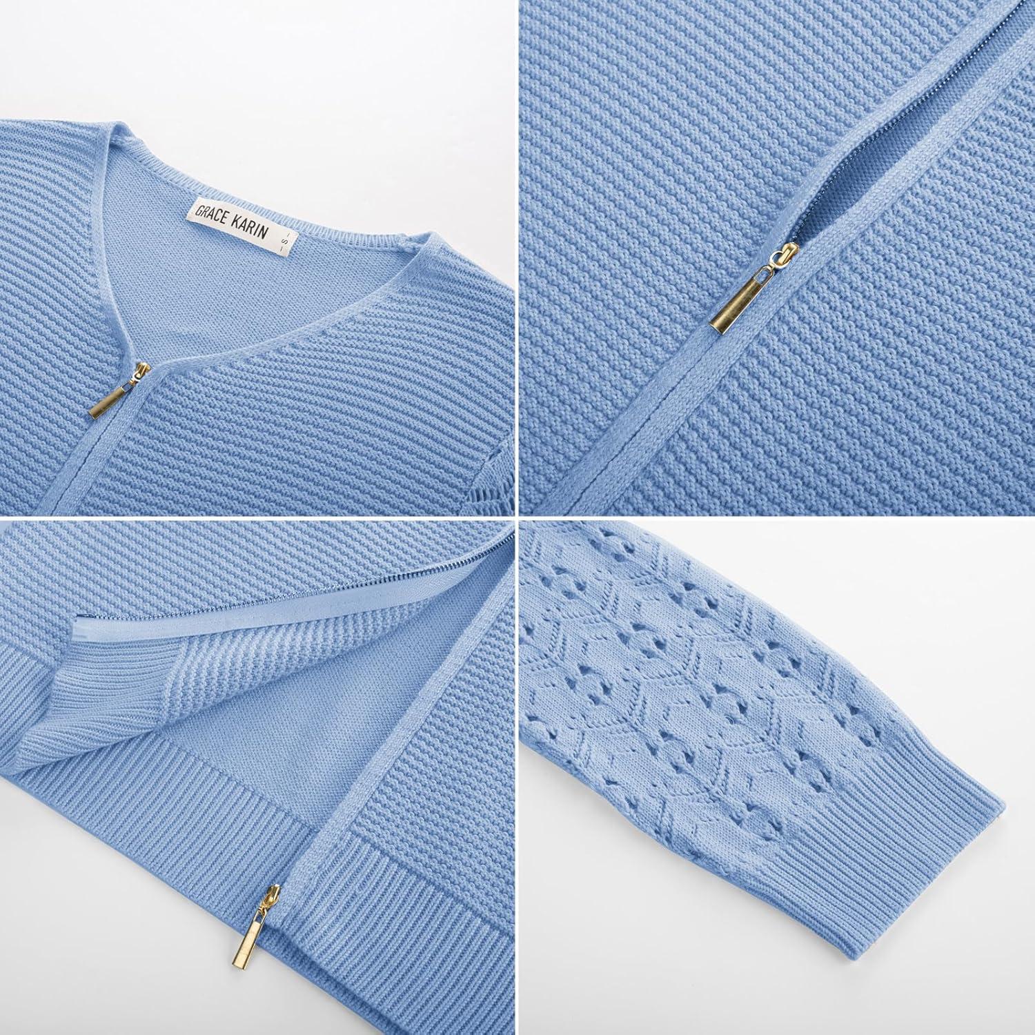 imageGRACE KARIN Womens Lightweight Summer Cardigan 34 Sleeve Cropped Cardigan Dressy Zip Up Sweaters Jacket ClothesLight Blue