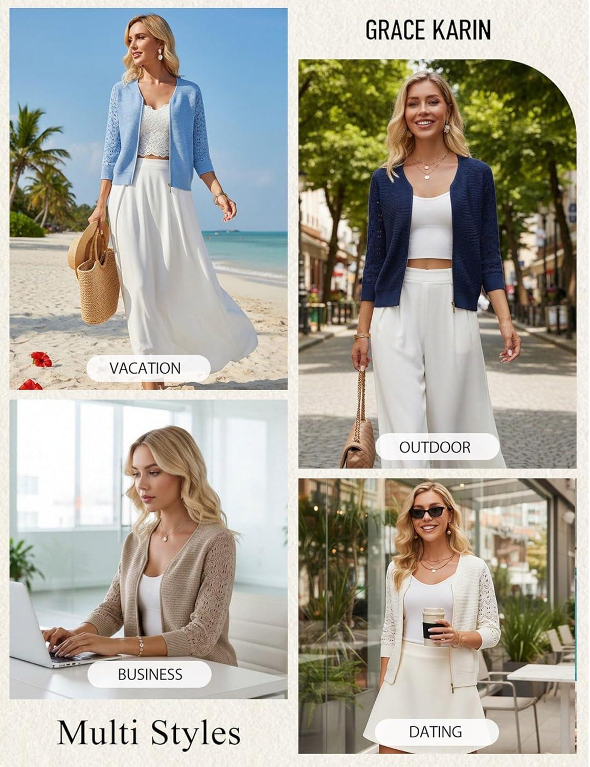 imageGRACE KARIN Womens Lightweight Summer Cardigan 34 Sleeve Cropped Cardigan Dressy Zip Up Sweaters Jacket ClothesLight Blue