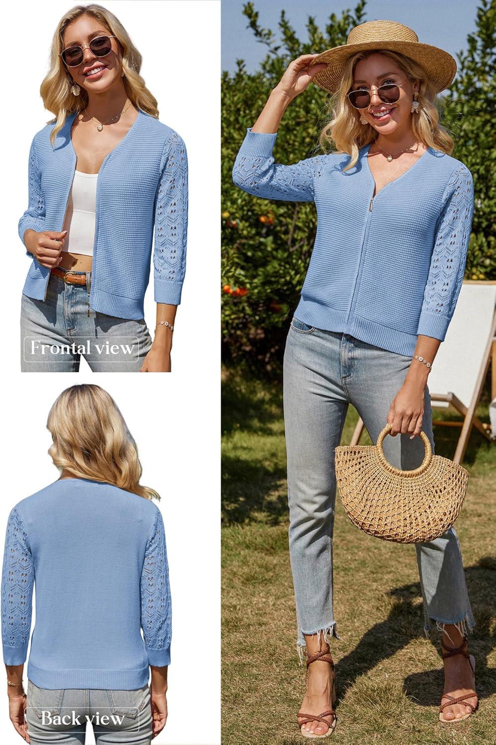 imageGRACE KARIN Womens Lightweight Summer Cardigan 34 Sleeve Cropped Cardigan Dressy Zip Up Sweaters Jacket ClothesLight Blue