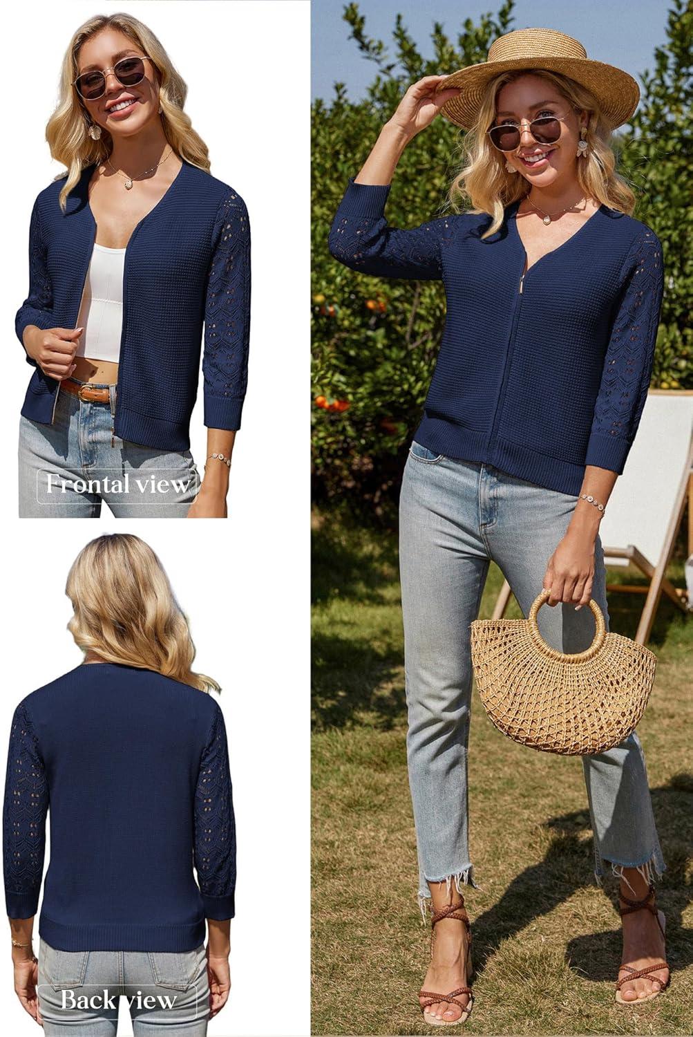 imageGRACE KARIN Womens Lightweight Summer Cardigan 34 Sleeve Cropped Cardigan Dressy Zip Up Sweaters Jacket ClothesNavy Blue