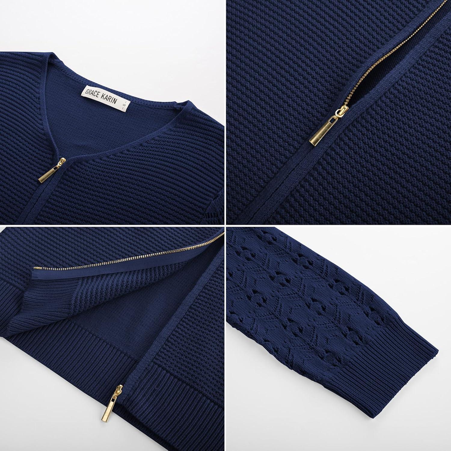 imageGRACE KARIN Womens Lightweight Summer Cardigan 34 Sleeve Cropped Cardigan Dressy Zip Up Sweaters Jacket ClothesNavy Blue