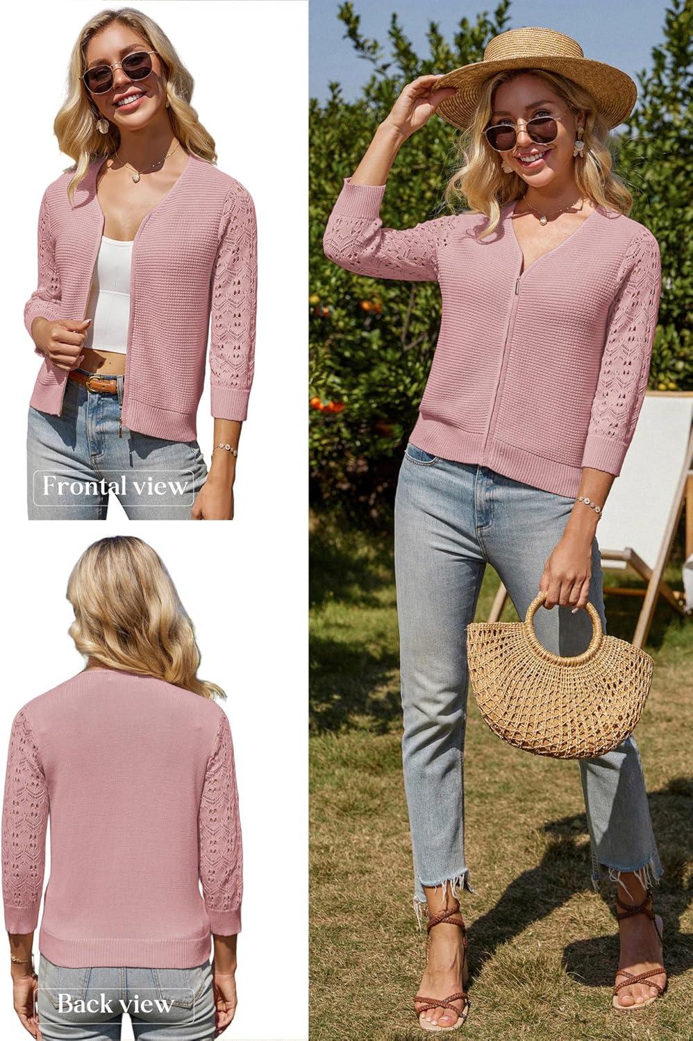 imageGRACE KARIN Womens Lightweight Summer Cardigan 34 Sleeve Cropped Cardigan Dressy Zip Up Sweaters Jacket ClothesPink