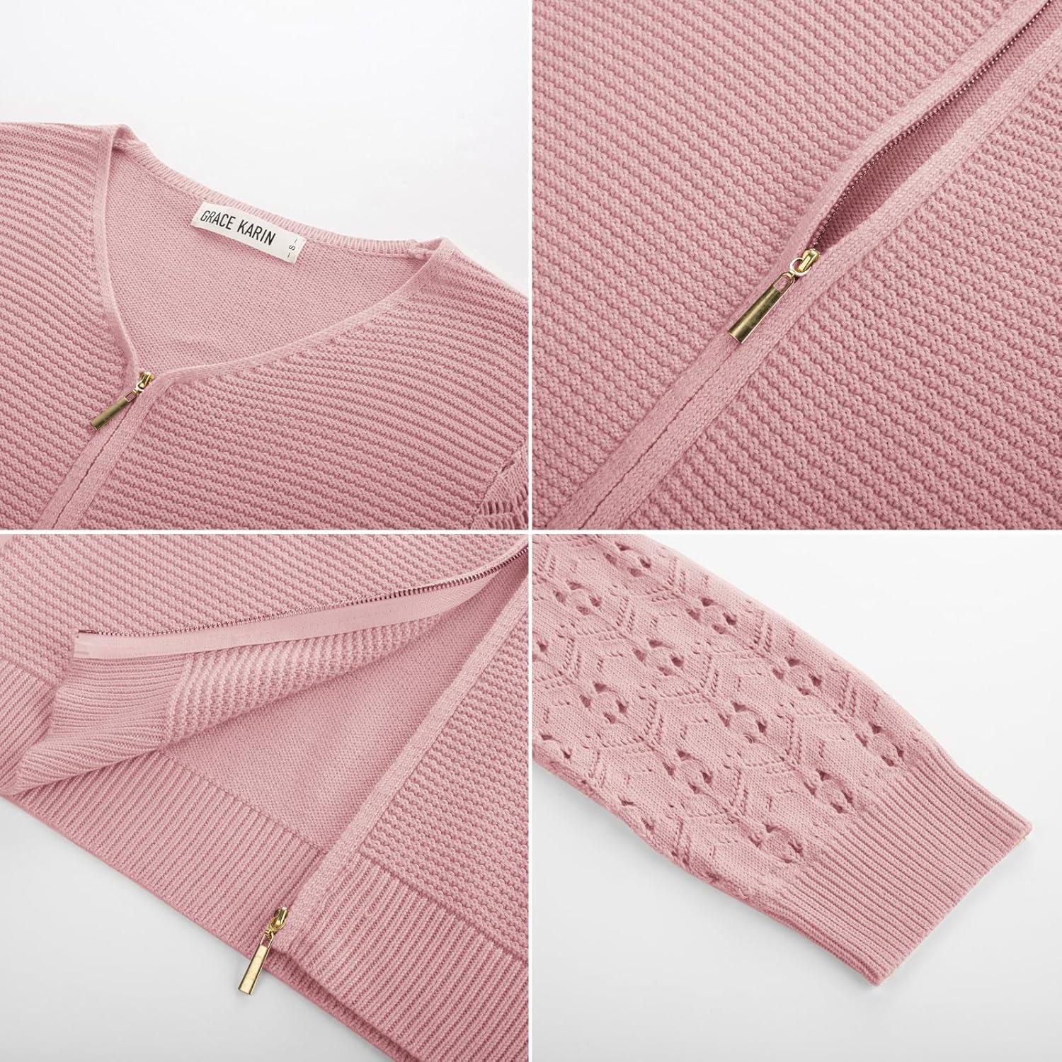 imageGRACE KARIN Womens Lightweight Summer Cardigan 34 Sleeve Cropped Cardigan Dressy Zip Up Sweaters Jacket ClothesPink