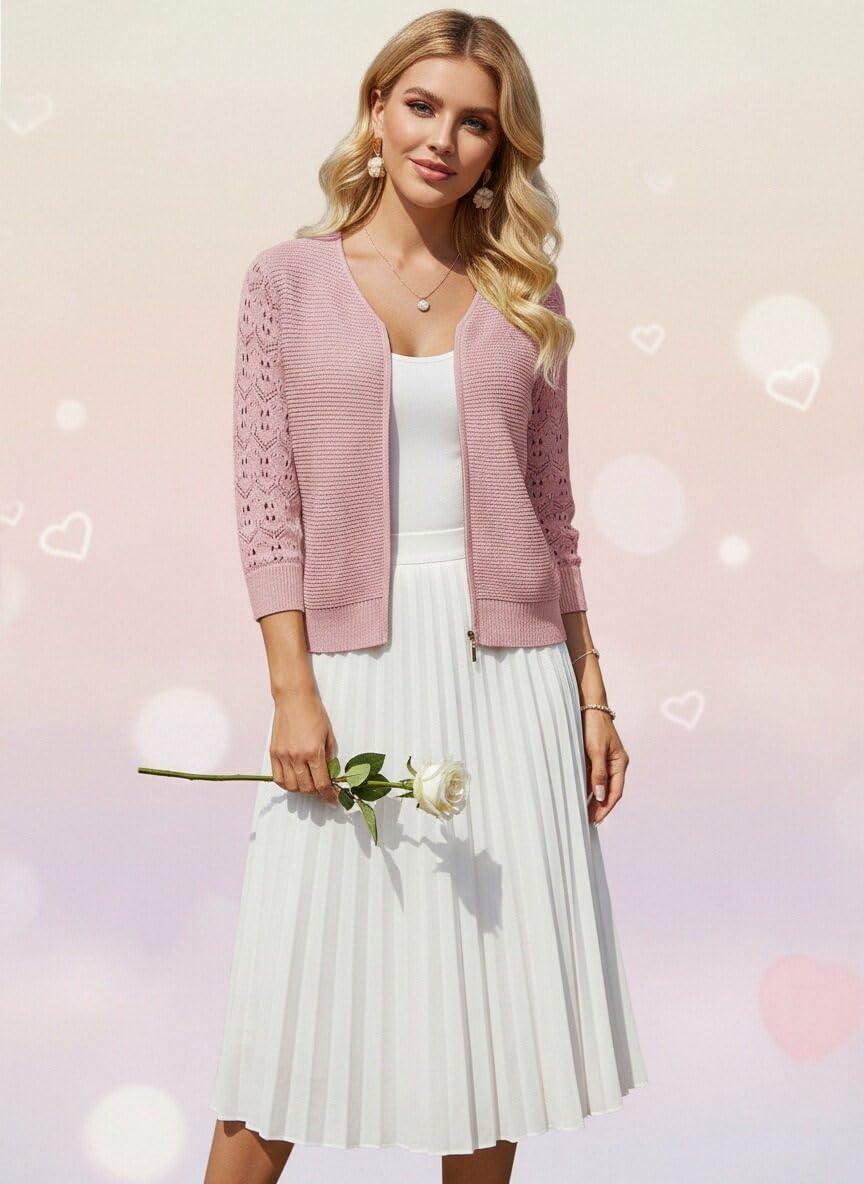 imageGRACE KARIN Womens Lightweight Summer Cardigan 34 Sleeve Cropped Cardigan Dressy Zip Up Sweaters Jacket ClothesPink