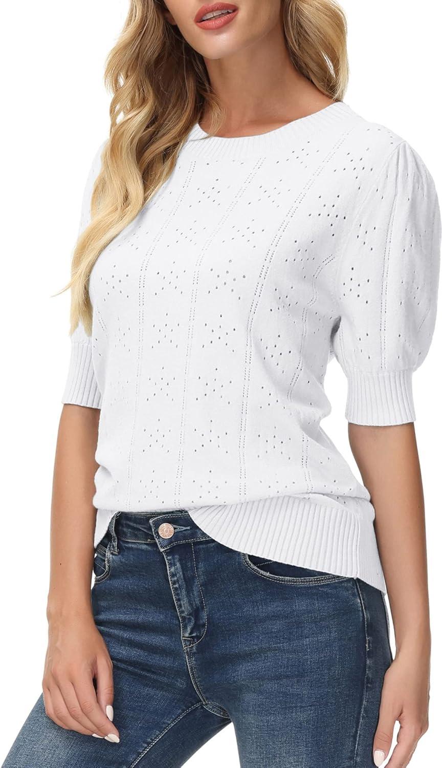 imageGRACE KARIN Womens Lightweight Thin Summer Pullover Sweater Cute Puff Short Sleeve Tops Pullover Shirt Knit BlouseBright White