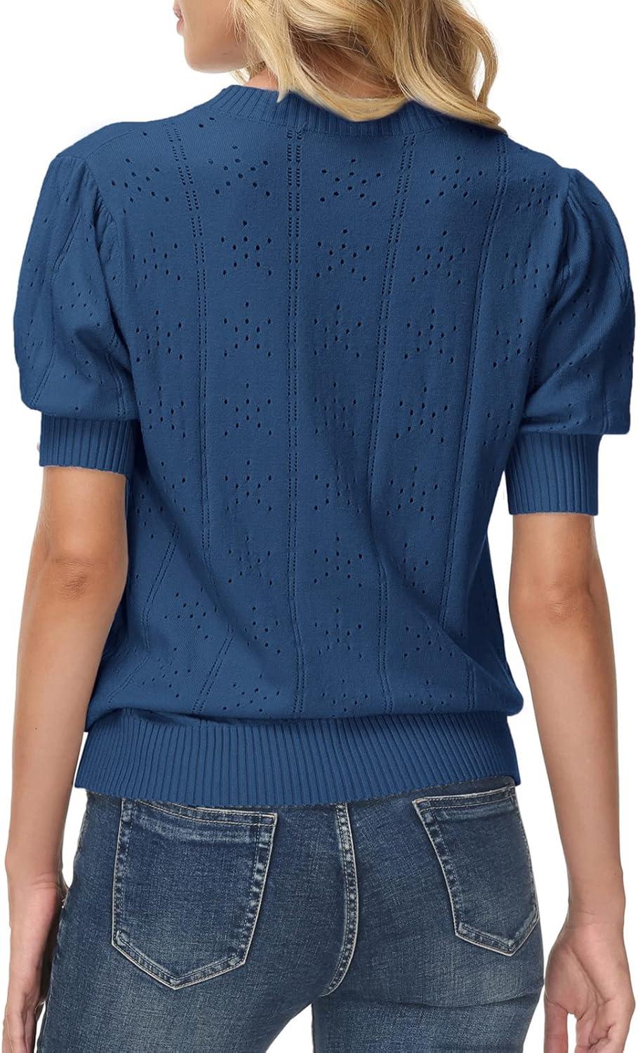 imageGRACE KARIN Womens Lightweight Thin Summer Pullover Sweater Cute Puff Short Sleeve Tops Pullover Shirt Knit BlouseNavy Blue