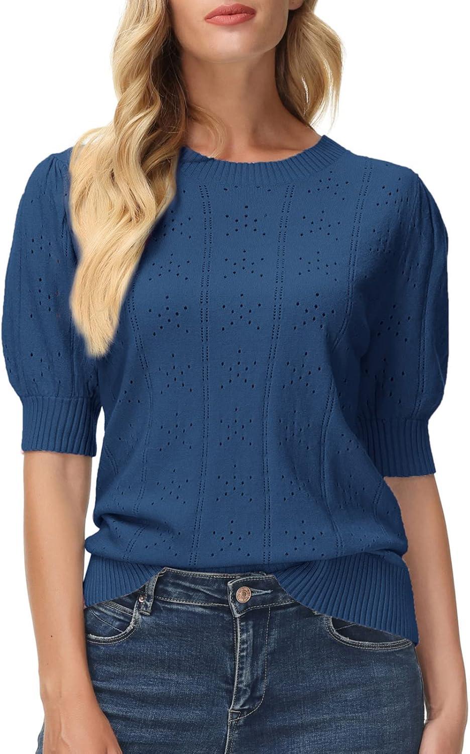 imageGRACE KARIN Womens Lightweight Thin Summer Pullover Sweater Cute Puff Short Sleeve Tops Pullover Shirt Knit BlouseNavy Blue