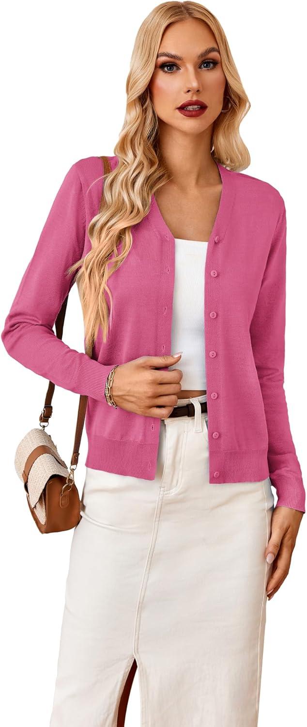 imageGRACE KARIN Womens Long Sleeve Button Down Vee Neck Classic Sweater Knit CardiganHot Deep Pink
