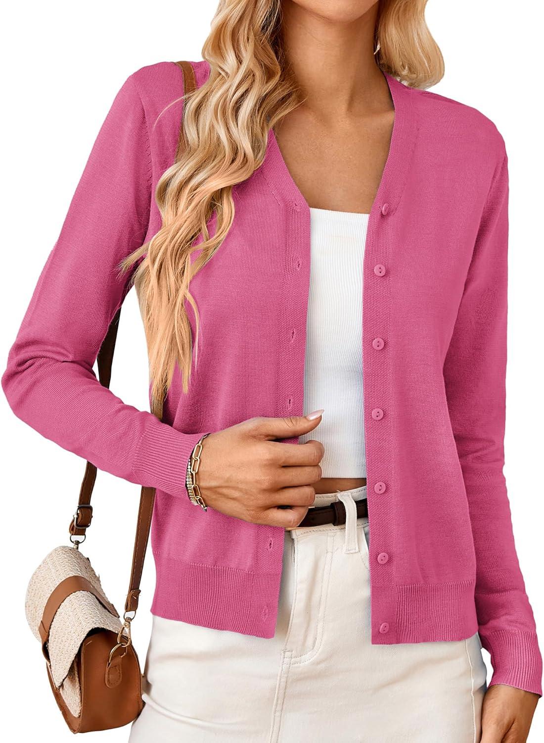 imageGRACE KARIN Womens Long Sleeve Button Down Vee Neck Classic Sweater Knit CardiganHot Deep Pink