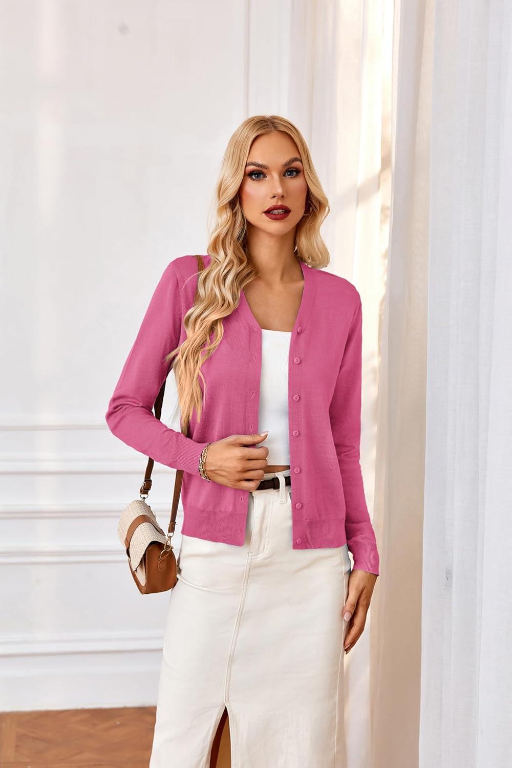 imageGRACE KARIN Womens Long Sleeve Button Down Vee Neck Classic Sweater Knit CardiganHot Deep Pink