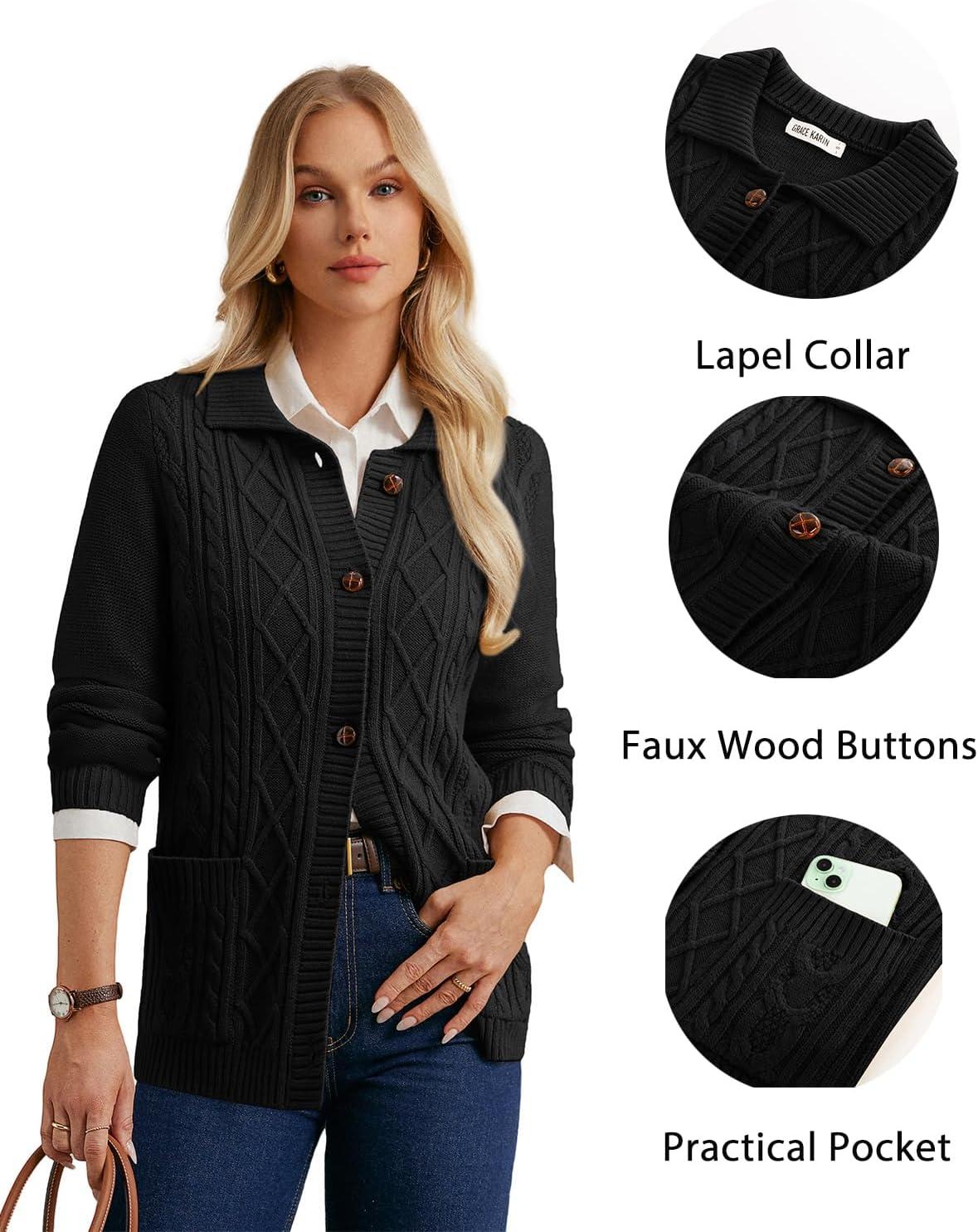 imageGRACE KARIN Womens Long Sleeve Cable Knit Cardigan Sweater Button Up Warm Chunky Cardigan Fall Winter Fashion ClothesBlack